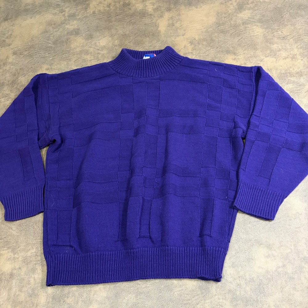 American Pride Sweater Mens Medium Purple Textured Knit Mock Neck Made in USA